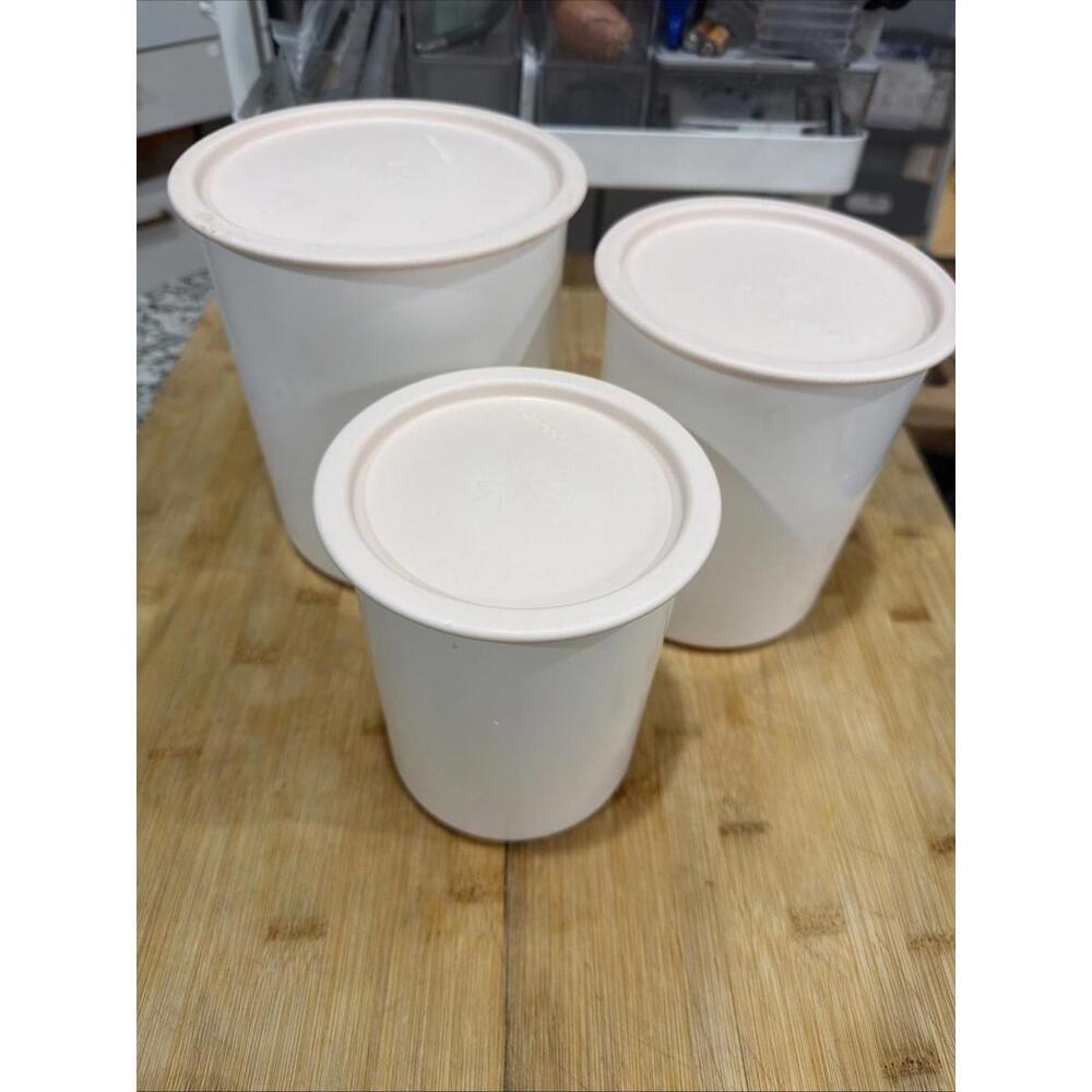 Vintage Tupperware Plastic Canister Set White Pink 3 Piece Cylinder Kitchen *